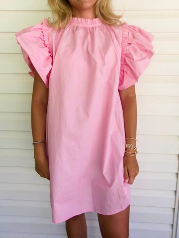 PRETTY IN PINK RUFFLE SLEEVE DRESS