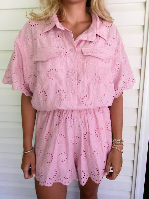 PINK EYELET LACE ROMPER