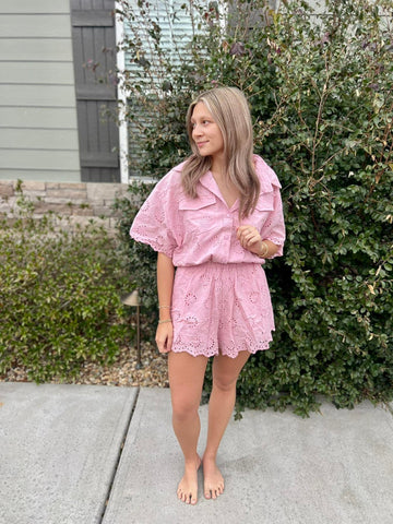 PINK EYELET LACE ROMPER