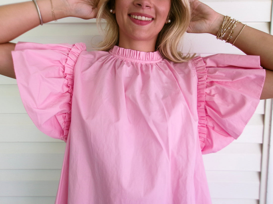 PRETTY IN PINK RUFFLE SLEEVE DRESS