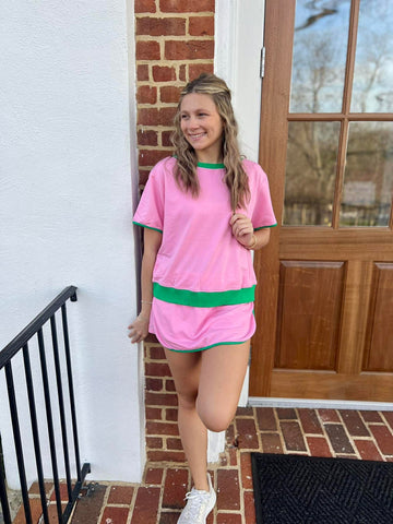 PINK/GREEN COLOR-BLOCK SHIRT SKORT