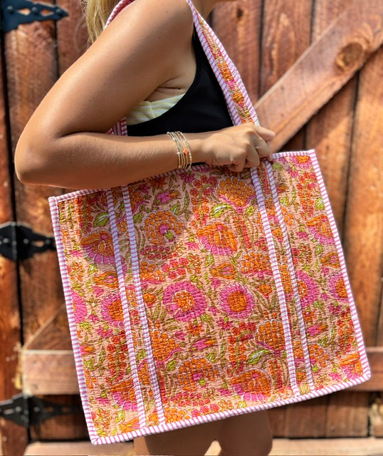 FLORAL ORANGE QUILTED TOTE (LARGE)