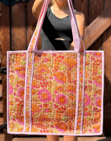 FLORAL ORANGE QUILTED TOTE (LARGE)