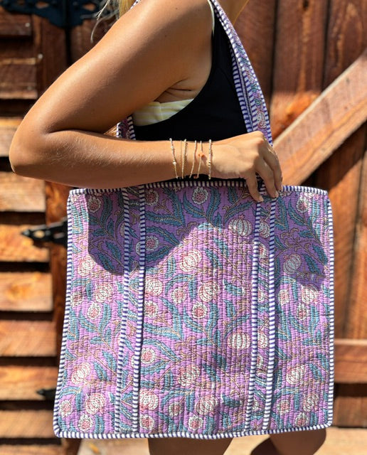 BOTANICAL PURPLE FLORAL QUILTED TOTE (LARGE)