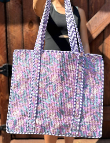 BOTANICAL PURPLE FLORAL QUILTED TOTE (LARGE)