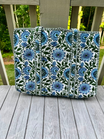 GREEN & BLUE FLORAL QUILTED TOTE (LARGE)