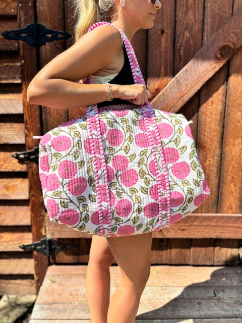 PINK & GREEN FLORAL QUILTED DUFFLE