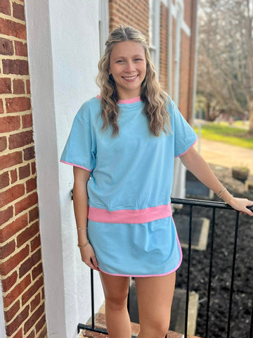 AQUA / PINK COLOR-BLOCK SHIRT SKORT SET